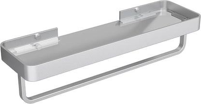 16 Inch Long Floating Bathroom Shelf with Towel Bar, Clear Tempered Glass Wall Shelf with Hand Towel Holder for Bathroom Storage Organizer, Matte Silver