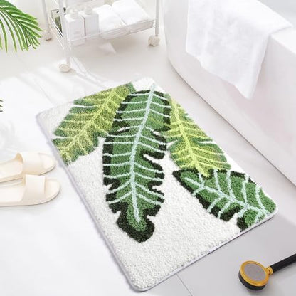 Leaves Bath Mat Green Area Rug Non-Slip Soft Absorbent Bathroom Rugs Machine Washable Bath Rug Floor Carpet Entryway Door Mat for Tub Shower Decor 17.5 X 25.5 Inches