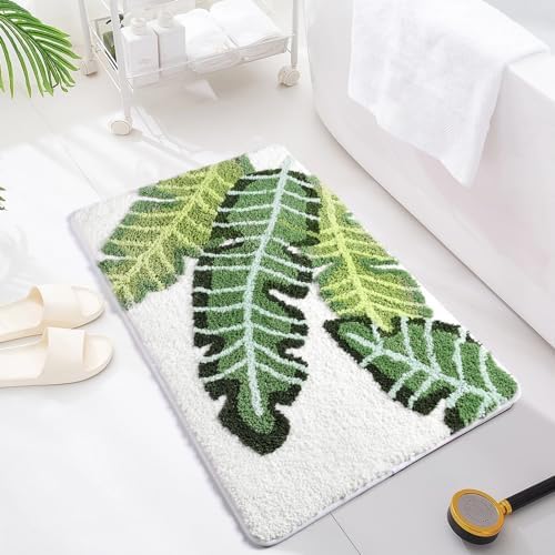 Leaves Bath Mat Green Area Rug 2 Piece Non-Slip Soft Absorbent Bathroom Rugs Set Machine Washable Bath Rug Floor Carpet Entryway Door Mat for Tub Shower Decor (17.5 X 25.5+19.5 X 31.5 Inches)