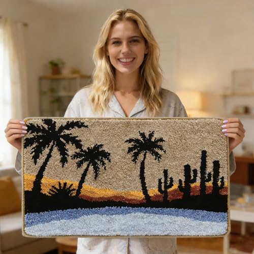 Bathroom Rug Mat, Beach Sunset Fluffy Rug with Palm Tree & Cactus Silhouette, Ultra Absorbent Microfiber Shaggy Door Mat, Quick Dry Bath Rug Carpet for Toilet Bathtub Bedroom 20x31 Inch