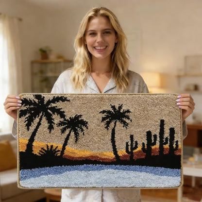 Bathroom Rug Mat, Beach Sunset Fluffy Rug with Palm Tree & Cactus Silhouette, Ultra Absorbent Microfiber Shaggy Door Mat, Quick Dry Bath Rug Carpet for Toilet Bathtub Bedroom 20x31 Inch