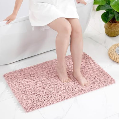 Disolla Small Bath Mat 17x24 Inch - Chenille Pink Bathroom Rug, Extra Soft Absorbent Plush Shaggy Bathmat, Non-Slip Machine Washable Floor Mat for Shower, Tub and Sink