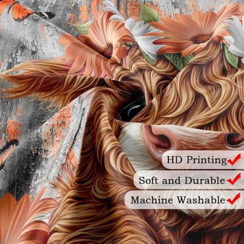 Rustic Wood Farmhouse Floral Shower Curtain for Bathroom, Western Funny Highland Cow Bull Floral Butterfly Country Flower Plant Art Printed Fabric Polyester Waterproof 12 Pack Plastic Hooks 70X75in