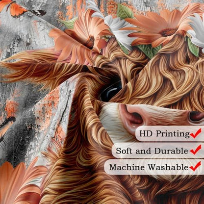 Rustic Wood Farmhouse Floral Shower Curtain for Bathroom, Western Funny Highland Cow Bull Floral Butterfly Country Flower Plant Art Printed Fabric Polyester Waterproof 12 Pack Plastic Hooks 36X72in