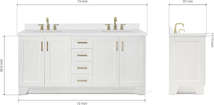 ARIEL Taylor 72-inch Bathroom Vanity with Sink,Solid Wood, 1.5-inch Pure White Quartz Countertop & Backsplash, Double Rectangular Porcelain Sink, 4 Soft Closing Doors, 6 Dovetail Drawers, White