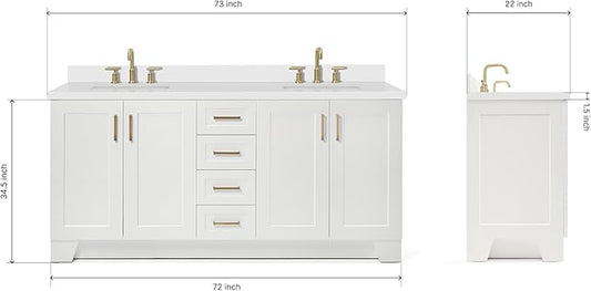 ARIEL Taylor 72-inch Bathroom Vanity with Sink,Solid Wood, 1.5-inch Pure White Quartz Countertop & Backsplash, Double Rectangular Porcelain Sink, 4 Soft Closing Doors, 6 Dovetail Drawers, White