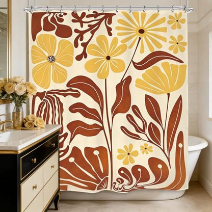 Matisse Flower Terracotta Shower Curtain 60Wx72L Inch Abstract Retro Aesthetic Minimalist Vintage Art 70s Brown Yellow Bathroom Set Accessories Decor with 12 Pack Hooks