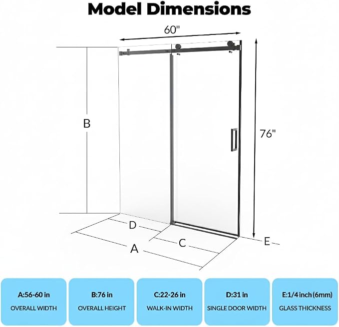 GarveeLife Frameless Sliding Shower Door 56-60 Inch W × 76 Inch H – Matte Black Stainless Steel Square Rail, Fixed Panel and Sliding Glass Shower Door with 6mm Tempered Glass, Easy Clean Coating