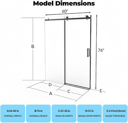 Shower Doors, Frameless Shower Door 56-60" W x 76" H, Sliding Glass with 1/4" (6mm) Clear Tempered Glass for Bathroom