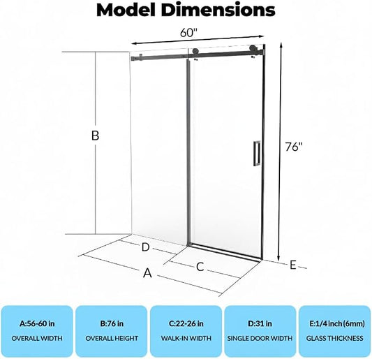 Frameless Sliding Shower Door, 56-60 Inches Wide x 76 Inches High, 1/4 Inch (6mm) Clear Tempered Glass with Matte Black Square Rail Design, Space-Saving Installation for Modern Bathrooms