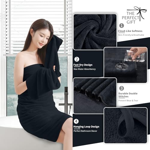 Extra Large Bath Sheet 4 Piece (35"x70")-Ultra Soft Oversized Bath Towel,Bath Sheet Set for Bathroom Hotel,Plush Highly Absorbent Quick Dry Shower Towel Set for Adults,Bath Towel Set Black