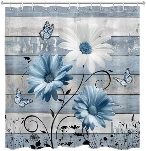 Farmhouse Blue Floral Shower Curtain, Retro Wood, 72W X 72L inches