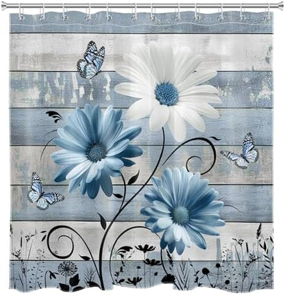 Farmhouse Blue Floral Shower Curtain, Retro Wood, 72W X 72L inches