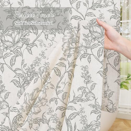 Grey Boho Linen Fabric Shower Curtain , Farmhouse Floral For Bathroom