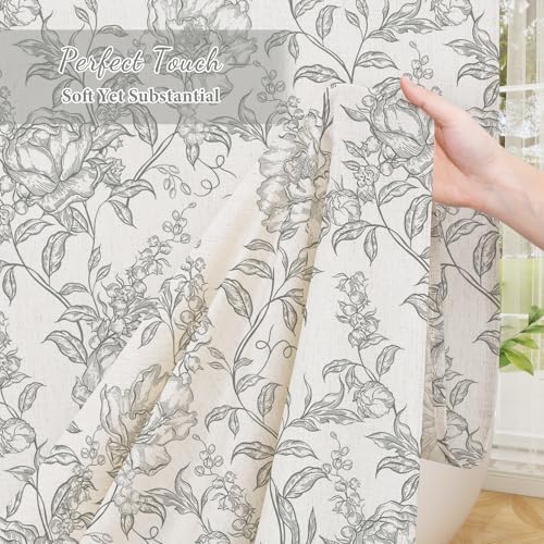 Grey Boho Linen Fabric Shower Curtain , Farmhouse Floral For Bathroom
