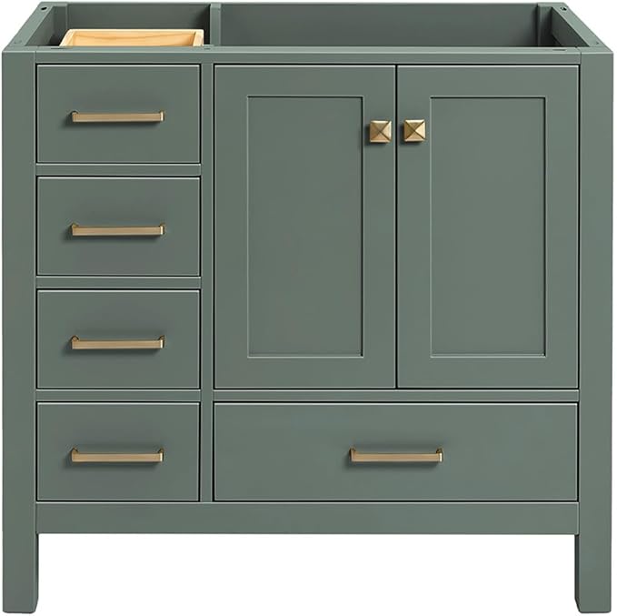 ARIEL Cambridge 36-inch Bathroom Vanity Base Cabinet,Solid Wood, 2 Soft Closing Doors, 5 Dovetail Drawers, Vintage Green