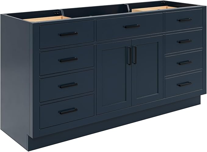 ARIEL Hepburn 66-inch Bathroom Vanity Base Cabinet,Solid Wood, 2 Soft Closing Doors, 9 Dovetail Drawers, Midnight Blue