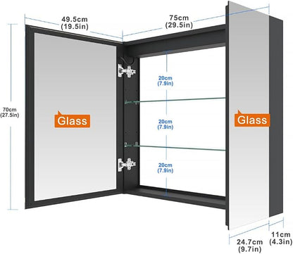 30x28 Inch Aluminum LED Bathroom Mirror Cabinet with Backlit Panel | Light Adjustment, Anti-Fog, Sockets&USBs, High Capacity, Easy to Install