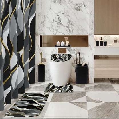 XLHOMO Bathroom Set - Black and Gold Bathroom Accessories, Bathroom Sets with Shower Curtain and Rugs, Black Shower Curtain Set with Bathroom Trash Can, Soap Dispenser, Soap Dish for Home Decor