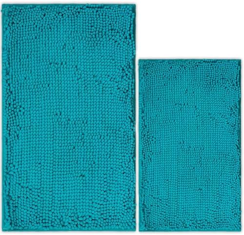 Bathroom Rugs Chenille Bath mat 2 Piece Set, Super Absorbent, PVC Non Slip Backing, Bath mats for Bathroom, Plush Shaggy, Thick, Machine Washable, Bathtub, Shower, Toilet.(Light Blue)