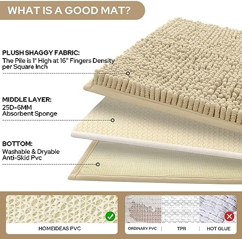 HOMEIDEAS Beige Chenille Bathroom Rugs Set of 3, Non Slip Bath Mat