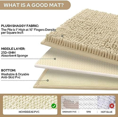 HOMEIDEAS Beige Chenille Bathroom Rugs Set of 3, Non Slip Bath Mat