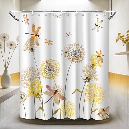 Yellow Dandelion Shower Curtain Spring Dragonfly Tan White Watercolor Shower Curtains for Bathroom Decor, Waterproof Cloth Fabric with Hooks 70" Wx72 L