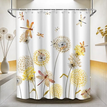 Yellow Dandelion Shower Curtain Spring Dragonfly Tan White Watercolor Shower Curtains for Bathroom Decor, Waterproof Cloth Fabric with Hooks 70" Wx72 L