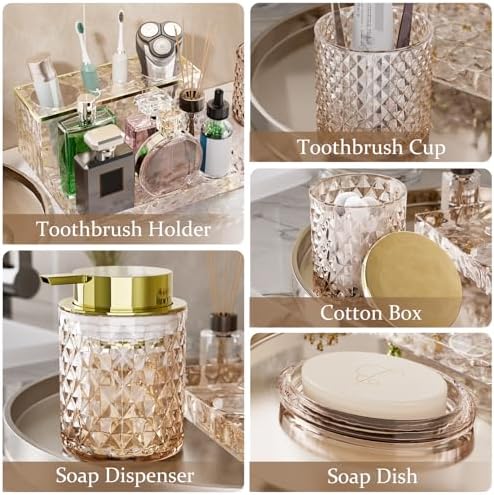 Glass Bathroom Accessories Set 5Pcs Crystal Brown - Foaming Soap Dispenser, Soap Dish, Cup, Acrylic Toothbrush Holder with Tray Organizer, Cotton Swab Jar, Bathroom Counter Set Sink Decor