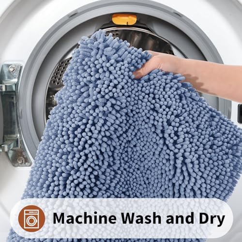 Yimobra Toilet Rugs U Shaped Washable - 24"x20" Non Slip Plush Contour Bath Rugs for Toilet - Super Soft Absorbent Quick Dry Toilet Mats for Bathroom,Denim Blue