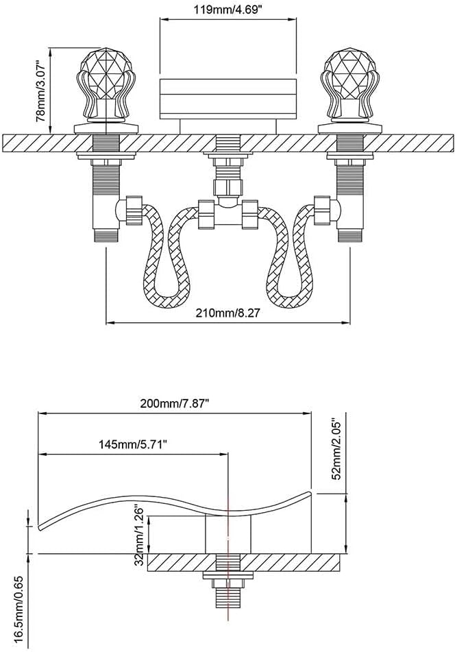 Widespread Bathroom Sink Faucet with Crystal Knob 3 Hole Waterfall Vanity Faucet 8 Inch Crystal Bathroom Faucets Deck Mount Basin Mixer Tap with Hose, Chrome