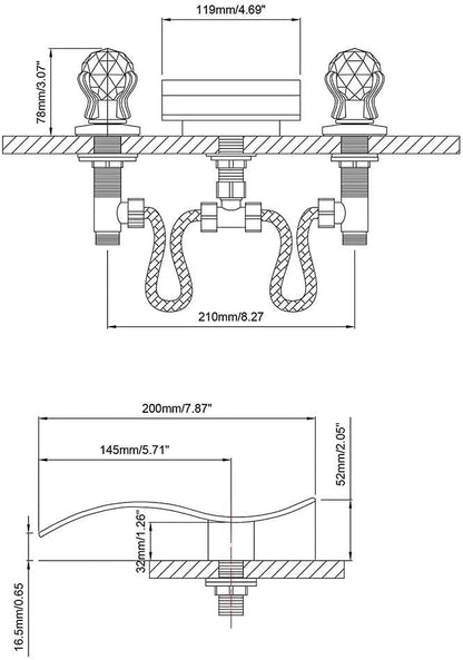 Widespread Bathroom Sink Faucet with Crystal Knob 3 Hole Waterfall Vanity Faucet 8 Inch Crystal Bathroom Faucets Deck Mount Basin Mixer Tap with Hose, Chrome