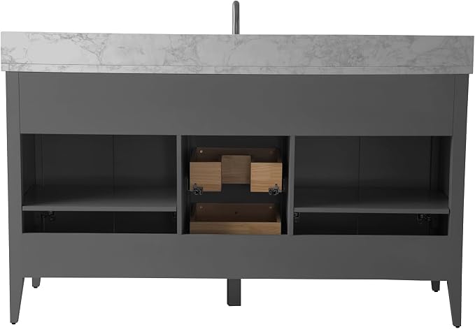 Vanity Art 60 inch Bathroom Vanity with Single Sink & Ceramic Top, Vanity Cabinet with Soft-Closing Door, Solid Wood Frame, Linear Pattern, Cashmere Gray, VA9160-SG-MB,Matte Black Handles