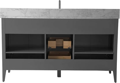 Vanity Art 60 inch Bathroom Vanity with Single Sink & Ceramic Top, Vanity Cabinet with Soft-Closing Door, Solid Wood Frame, Linear Pattern, Cashmere Gray, VA9160-SG-MB,Matte Black Handles