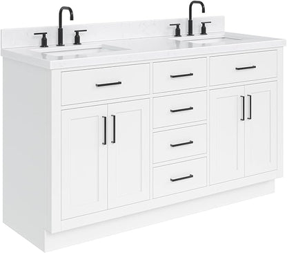 ARIEL Hepburn 60-inch Bathroom Vanity with Sink,Solid Wood, 1.5-inch Carrara White Quartz Countertop & Backsplash, Double Rectangular Porcelain Sink, 4 Soft Closing Doors, 6 Dovetail Drawers, White