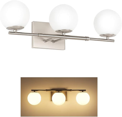 Bathroom Vanity Light Brushed Nickel 3T Wall Sconce for Mirror | Modern fixture Glass Shade brightness, Elivers even brightness. Sturdy metal resists rust. Dresser Bathroom over Mirror