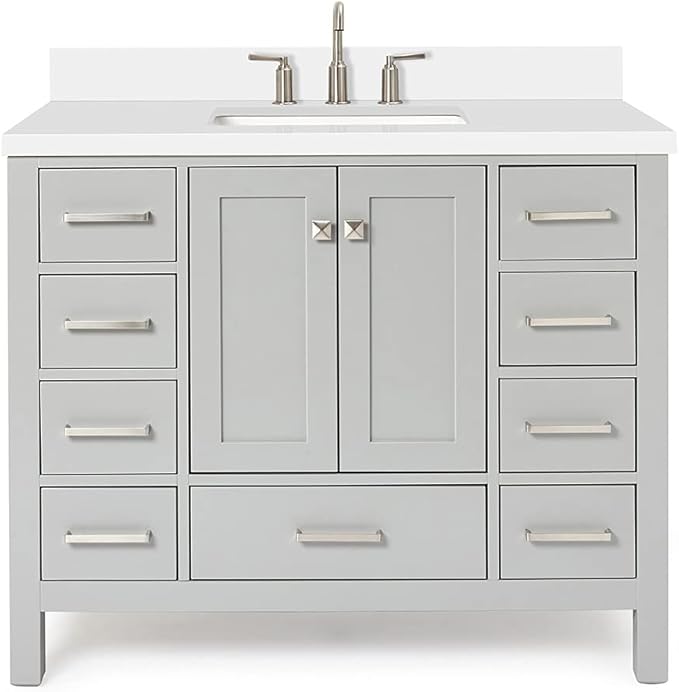 ARIEL Cambridge 42-inch Bathroom Vanity with Sink,Solid Wood, 1.5-inch Pure White Quartz Countertop & Backsplash, Single Rectangular Porcelain Sink, 2 Soft Closing Doors, 9 Dovetail Drawers, Grey