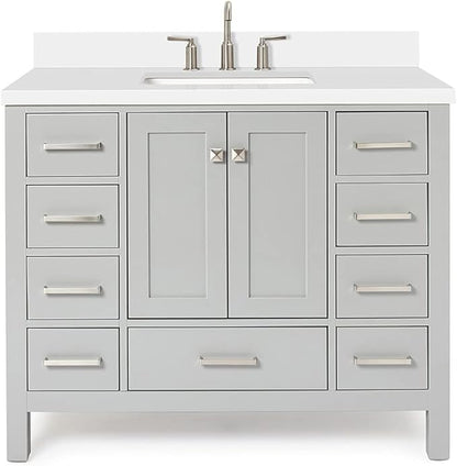 ARIEL Cambridge 42-inch Bathroom Vanity with Sink,Solid Wood, 1.5-inch Pure White Quartz Countertop & Backsplash, Single Rectangular Porcelain Sink, 2 Soft Closing Doors, 9 Dovetail Drawers, Grey