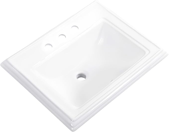 23"x18" Semi Recessed Bathroom Sink with 8-in Centerset Three 1.38" Faucet Hole Drop-in Vessel Sink White Porcelain Ceramic Modern Rectangular Sinks Basin Vanity Sinks with Overflow