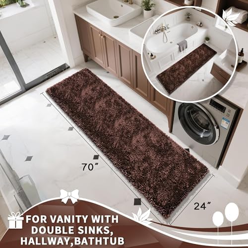 Yimobra Long Bathroom Rugs Runner 70x24 Inch, Extra Thick Soft Absorbent Chenille Bath Mat, Non Slip Machine Washable, Quick Dry Bath Rugs for Bathroom Floor, Tub and Shower, Brown