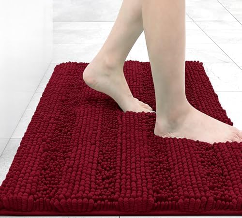Grandaily Chenille Striped Bathroom Rugs 24x16, Extra Thick and Absorbent Bath Mats, Non-Slip Soft Plush Shaggy Shower Carpet, Machine Wash Dry, Bath Rug for Bathroom, (Small, Red)