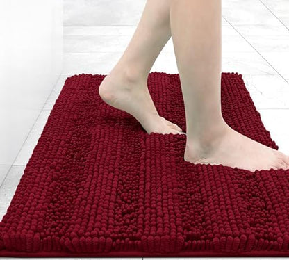 Grandaily Chenille Striped Bathroom Rugs 24x16, Extra Thick and Absorbent Bath Mats, Non-Slip Soft Plush Shaggy Shower Carpet, Machine Wash Dry, Bath Rug for Bathroom, (Small, Red)