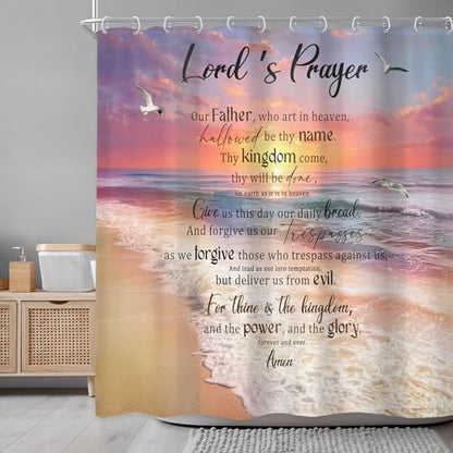 Ocean Bible Verse Beach Pink Orange Sunset Bathroom Shower Curtain Set