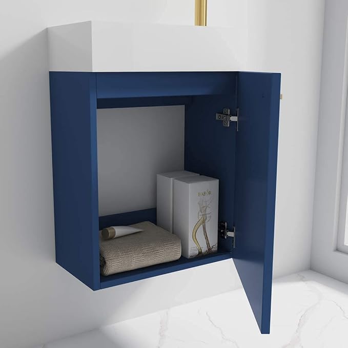 Blossom 18-Inch Floating Bathroom Vanity with Acrylic Sink and Mirror, All-Wood Construction, Space-Saving Wall Mounted Vanity for Compact Bathrooms, Modern Design Bathroom Sink Cabinet, Navy Blue
