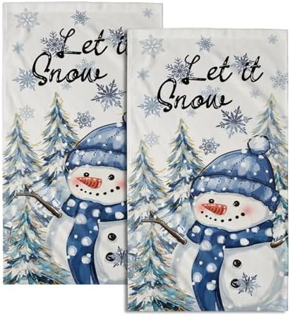 Winter Hand Towels Set of 2, 14x28 Inch Farmhouse Snowman Pine Tree Snow Holiday Tea Towel Absorbent Dish Wash Cloth for Home Hotel Bathroom Kitchen Bar Cleaning and Decor