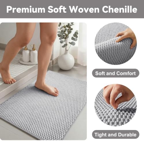 Triohero Bathroom Rugs Non Slip Washable, Super Absorbent Thin Bath Mat Quick Dry Low Pile Bathroom Rug, Light Grey 24x36