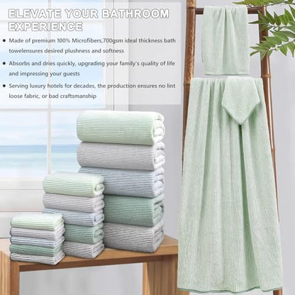 8-Piece Premium Towel Set for Bathroom|2 Oversized Large Bath Sheet,2 Hand Towels,4 Washcloths|Soft Cozy Highly Absorbent Fast Dry Microfiber Shower Towel Set for Hotel Bathroom Essentials,Green White