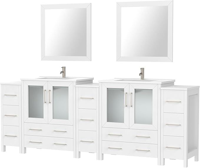 Vanity Art 96 Inch Under Mount Double Sink Bathroom Vanity Cabinet with 2 Mirrors, Ceramic Top Bathroom Cabinet Compact Set with 13 Dovetail Storage Drawers, VA3030-96-W
