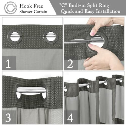 Gibelle No Hook Cloth Charcoal Grey Shower Curtain with Liner, 36x74