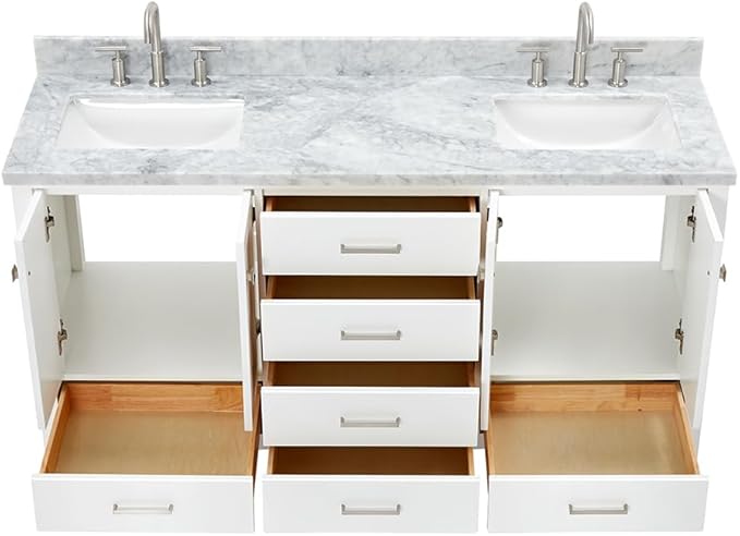 ARIEL Cambridge 66-inch Bathroom Vanity with Sink,Solid Wood, 1.5-inch Italian Carrara Marble Countertop, Double Rectangular Porcelain Sink, 4 Soft Closing Doors, 6 Dovetail Drawers, White
